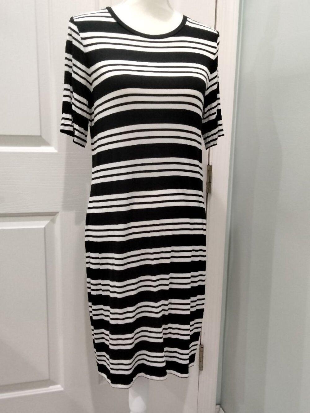 Michael by Michael Kors Black and White Striped Shift Dress, Size M